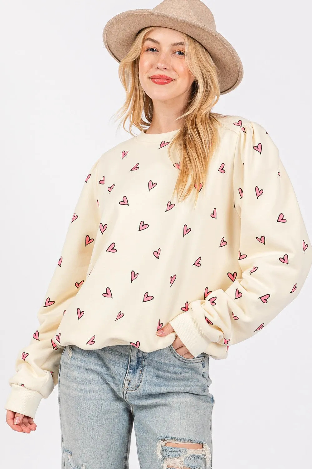 Maxct &SAGE + FIG Heart Printed Contrast Long Sleeve Sweatshirt