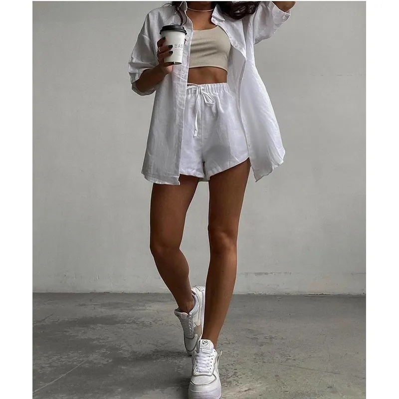 Maxct Casual Tracksuit Women's Shorts Suits Green Streetwear Short Sleeve Shirt Tops Loose Drawstring Mini Shorts Two Piece Set