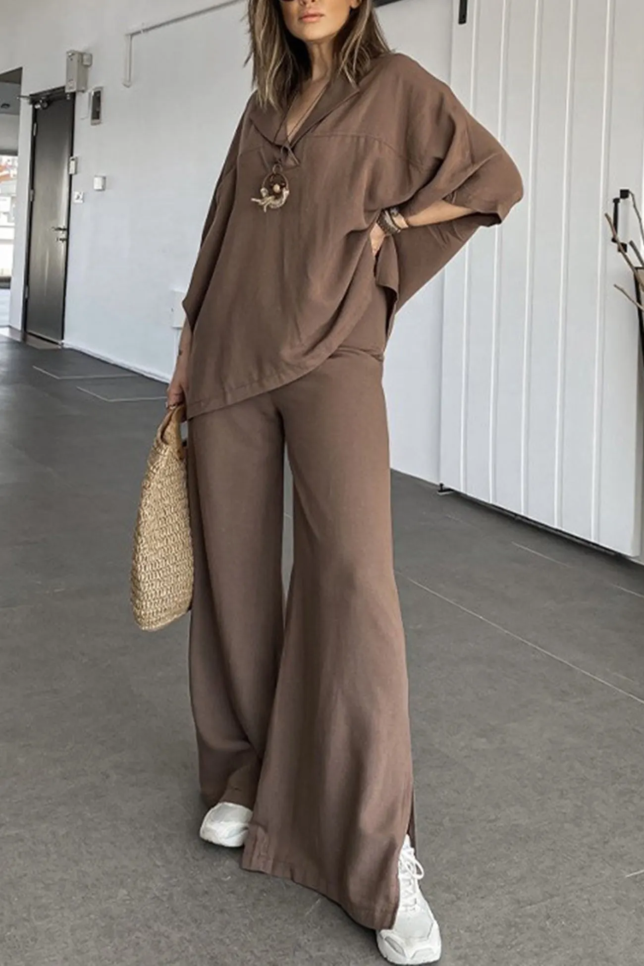 Maxct Lapel Shirt Slit Hem Long Pants Set
