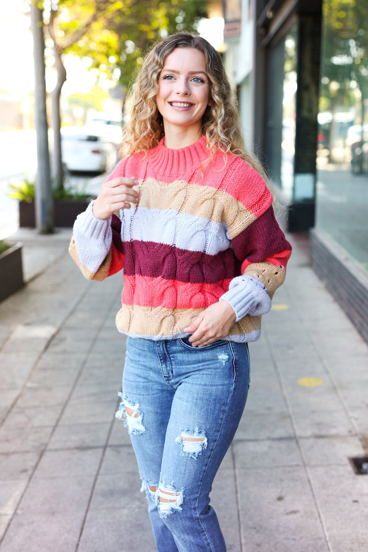 Maxct &Fall For You Rust Multicolor Stripe Cable Knit Mock Neck Sweater