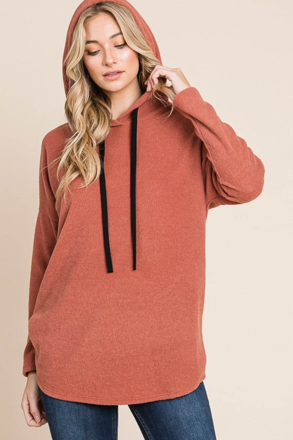 Maxct &BOMBOM Contrast Drawstring Drop Shoulder Knit Hoodie