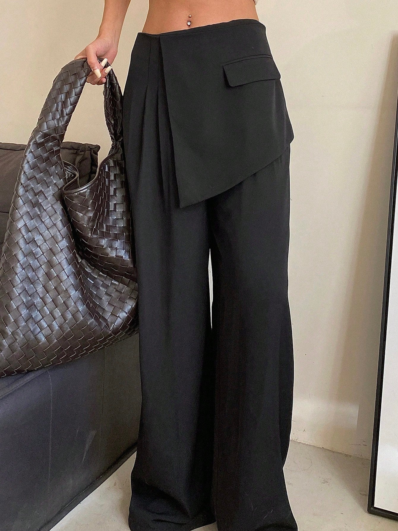 Maxct Solid Color Wide Leg Pants For Women With Loose Fit And Fake Two Piece Design