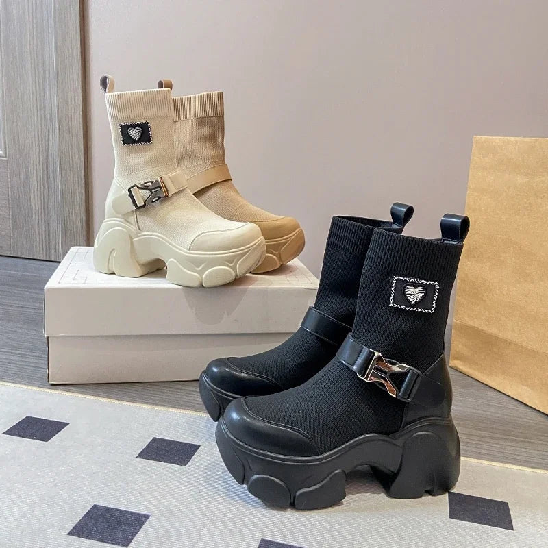 Platform Knitted Slip on Boots for Women Maxct
