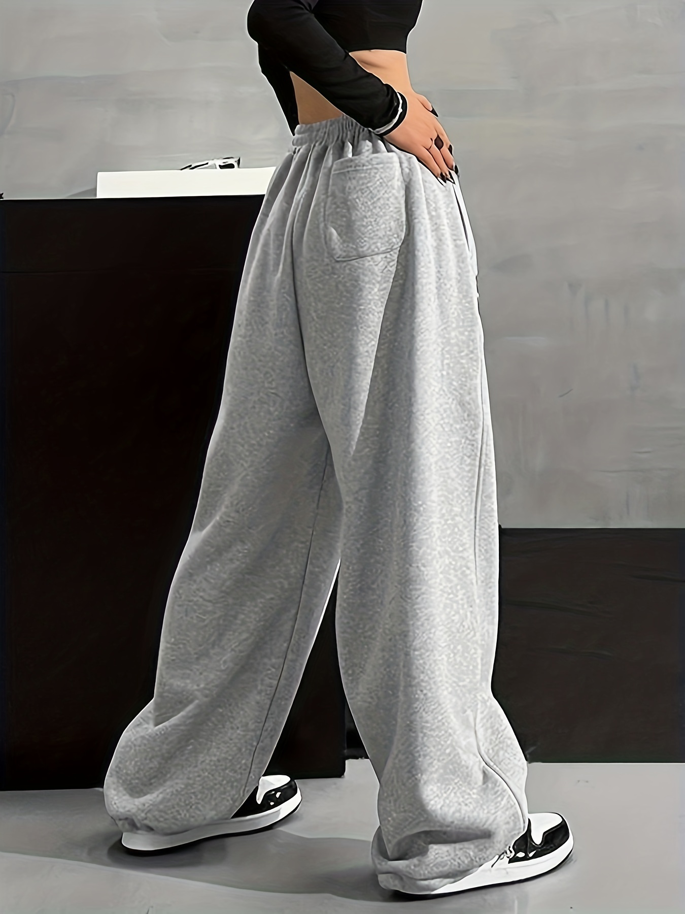 Solid Comfy Wide Leg Pants, Casual Elastic Waist Loose Pants With Pocket, Women's Clothing