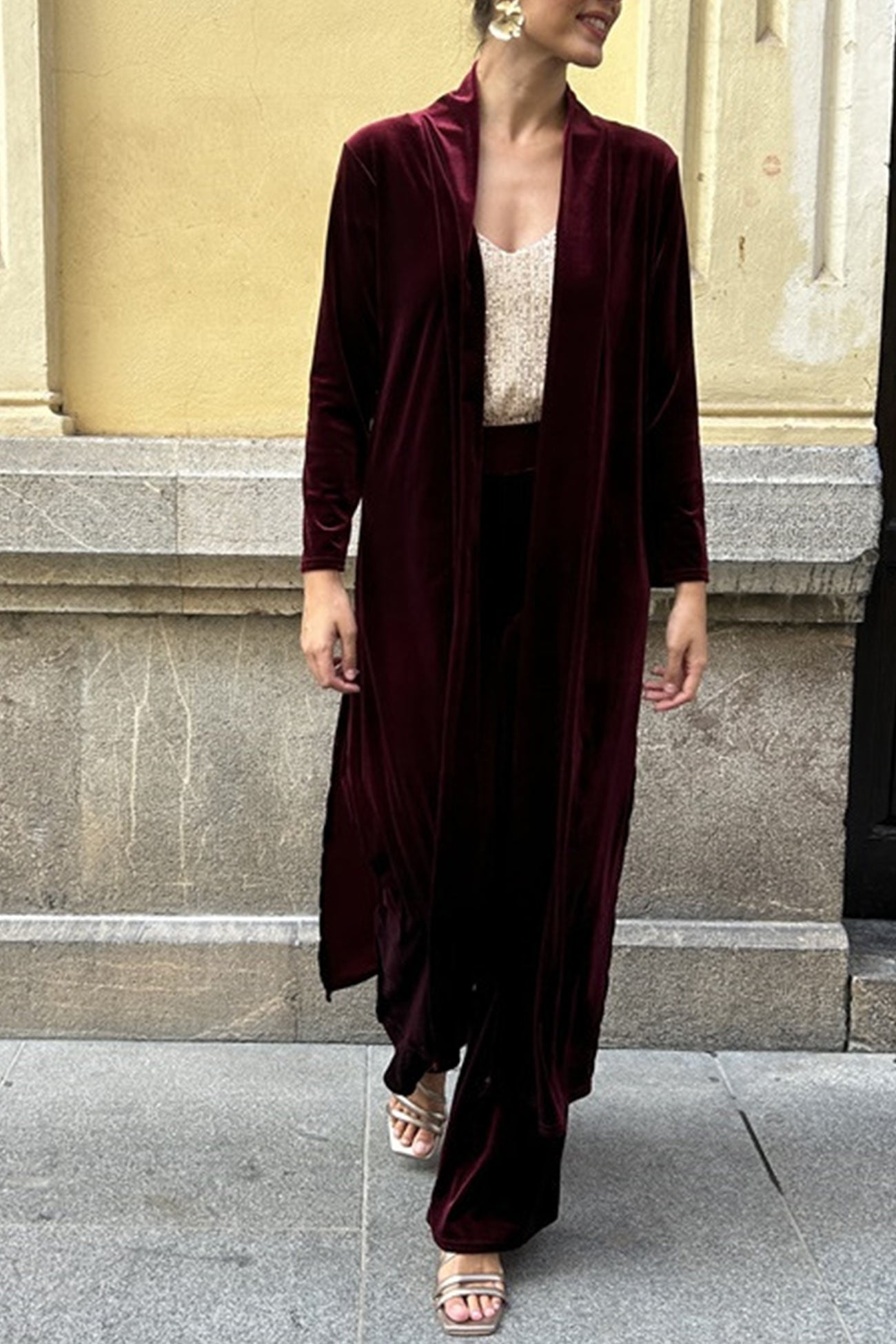 Maxct Velvet Slit Long Cardigan Two-piece Pants Suits