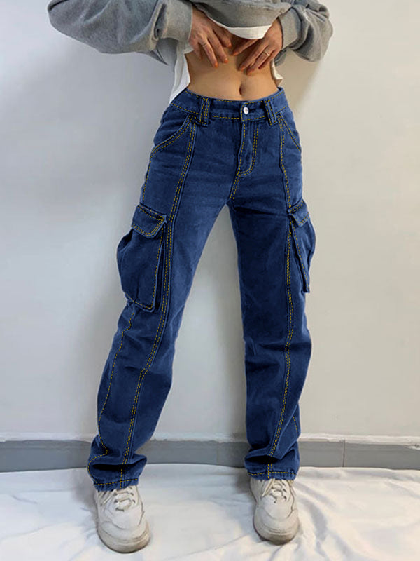 Washed Mid Waist Pocket Cargo Jeans Maxct