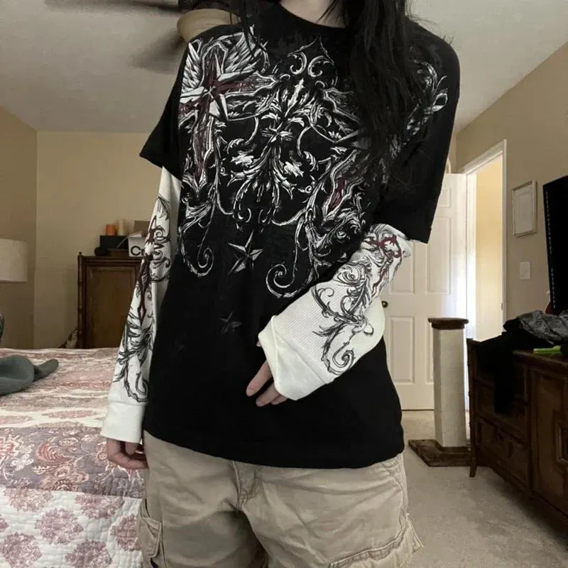 Maxct Mall Goth 2000s Retro Pullovers Tops Vintage Graphics Y2K Loose T Shirt Chic Aesthetic Autumn Long Sleeve Tees Grunge Streetwear