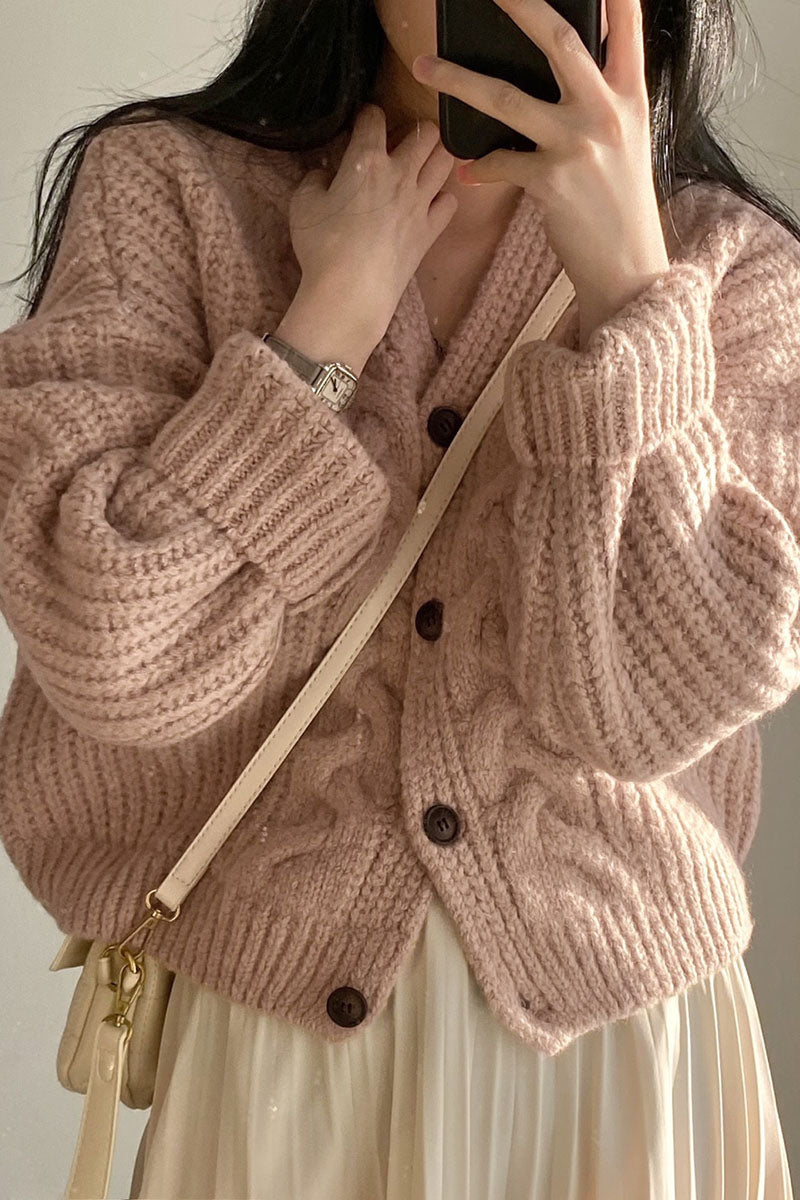 Maxct Solid V Neck Puff Sleeve Cable Knit Cardigan