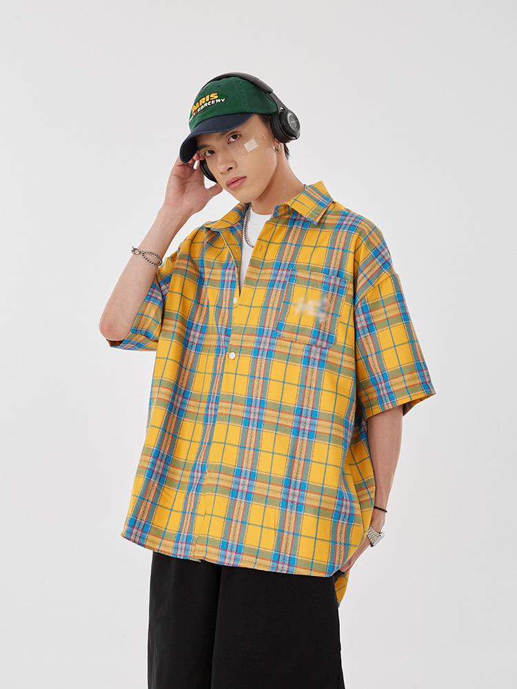 Maxct 90s Streetwear Fashion Retro Contrast Color Plaid Shirt Women's Summer New Letter Embroidered Design Casual Half Sleeve Coat Top