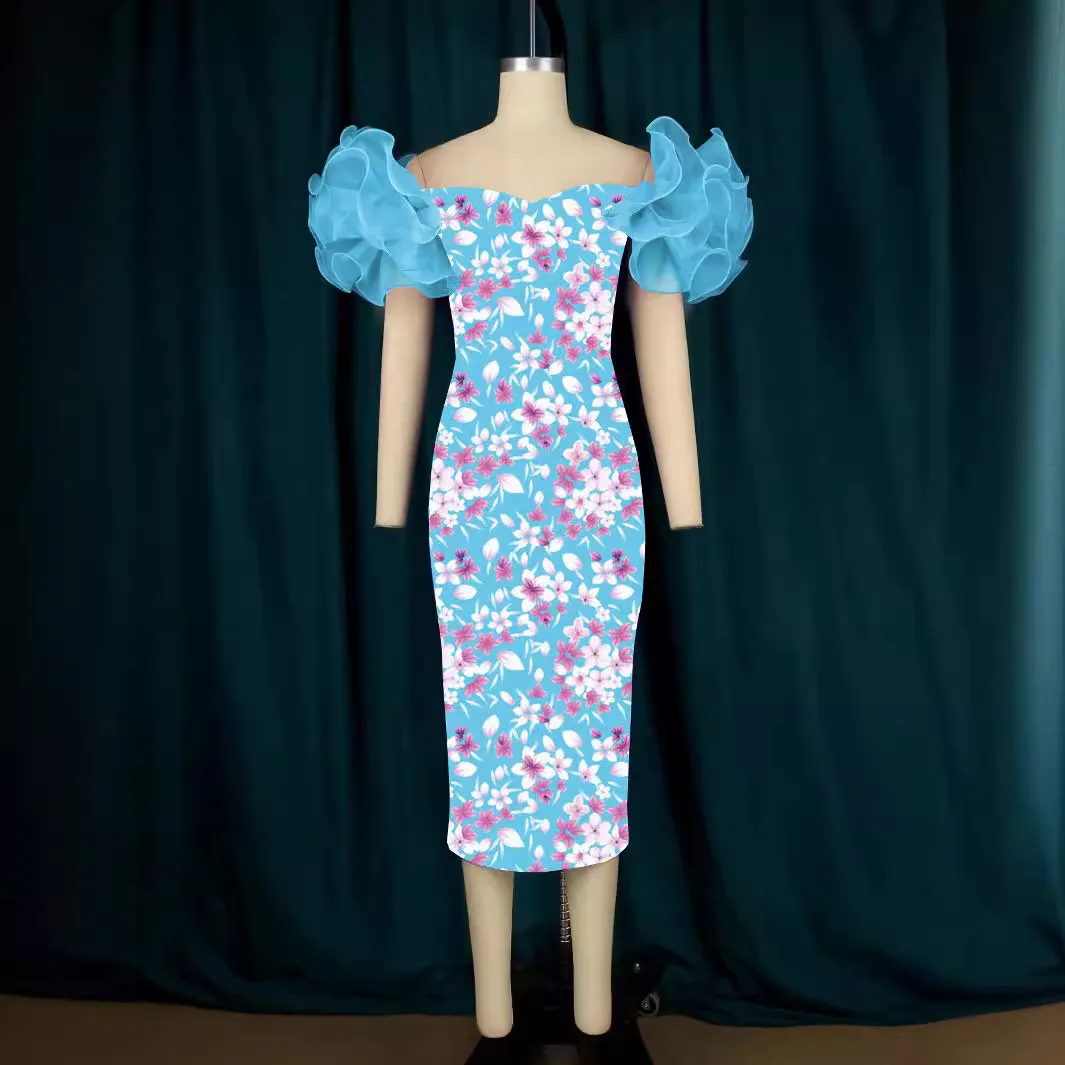 Maxct Am0631 Mesh Sleeve Stitching Printed Hip Skirt Midi Dress Party Evening Dress Dress Women Dress