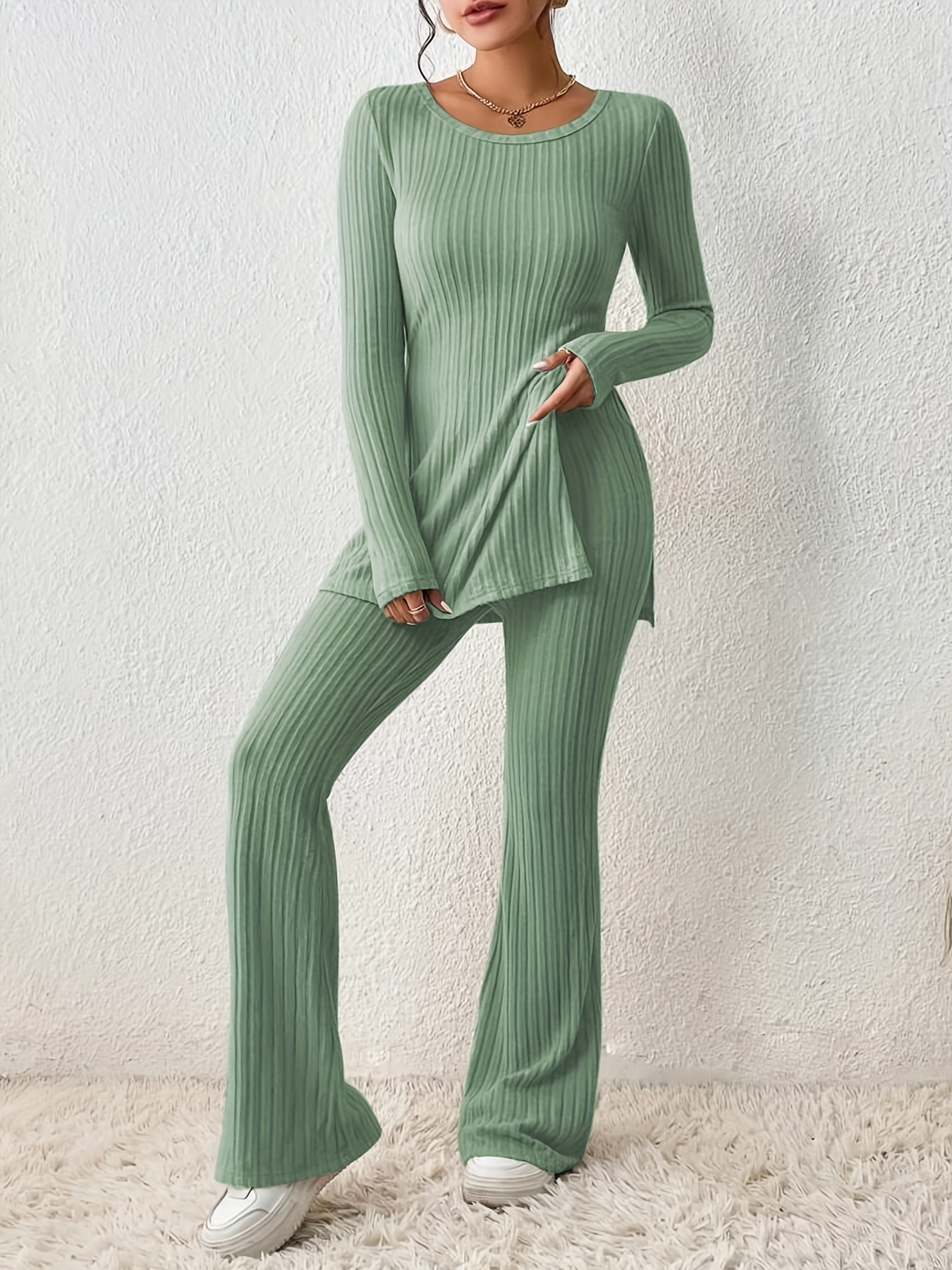 Solid Textured Two-piece Set, Long Sleeve Slit Long Length Top & Skinny Pants Outfits, Women's Clothing