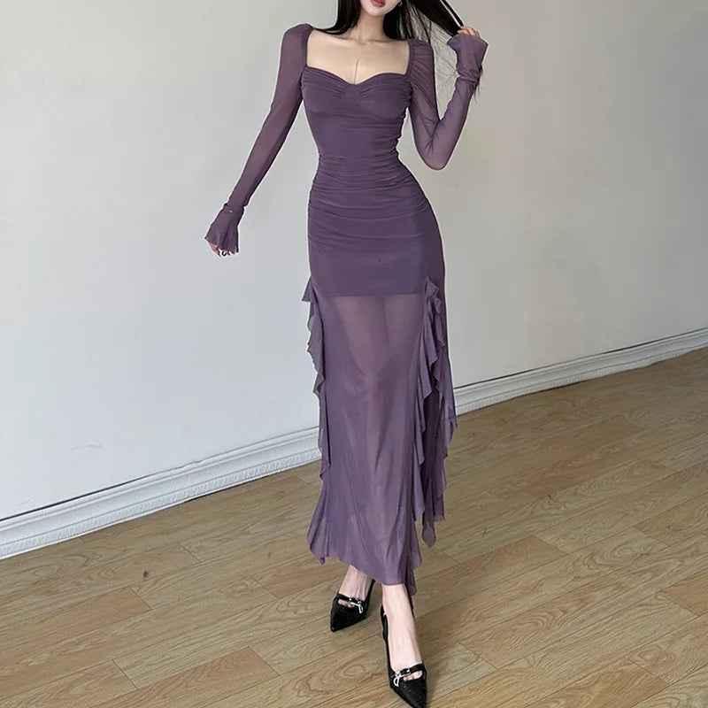 Y2k Gentle Temperament Ruffled Square Collar Slit Dress FeCross-Border Solid Color Long Sleeve Strap Wrapped Hip Long Dress Maxct