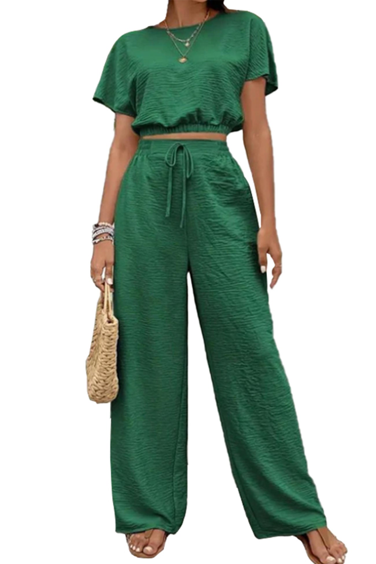 Maxct Batwing Sleeve Drawstring Straight Long Pants Set