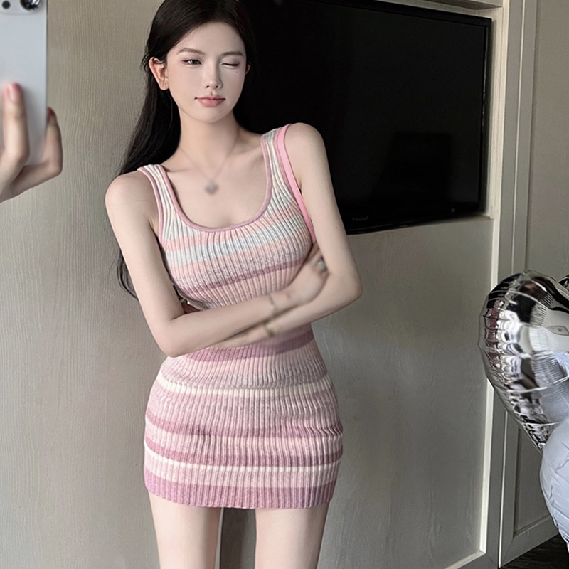Maxct Sweet Women Rainbow Stripe Dress Knitted Slim Fit Short Wrapped Hip Dress