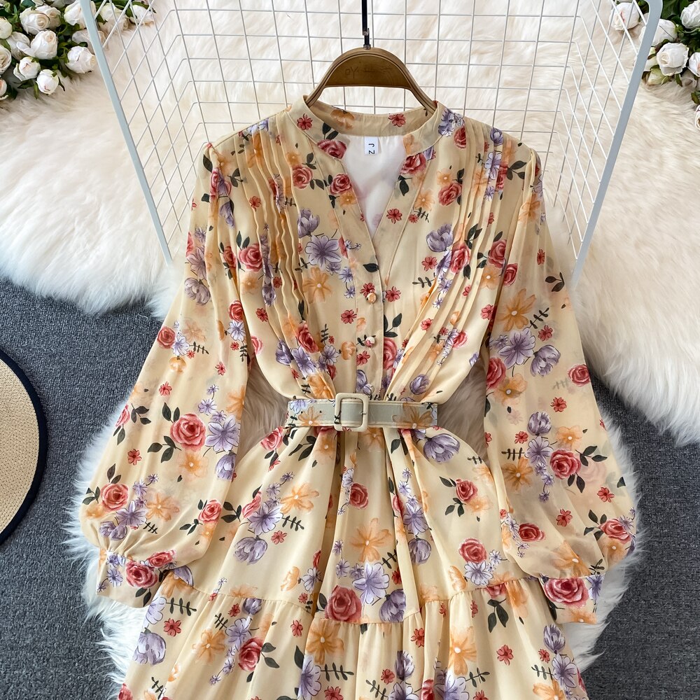 Floral Midi Dress Women Elegant V-Neck Lantern Long Sleeve High Waist Draped A-Line Casual Vestidos Female Spring Autumn