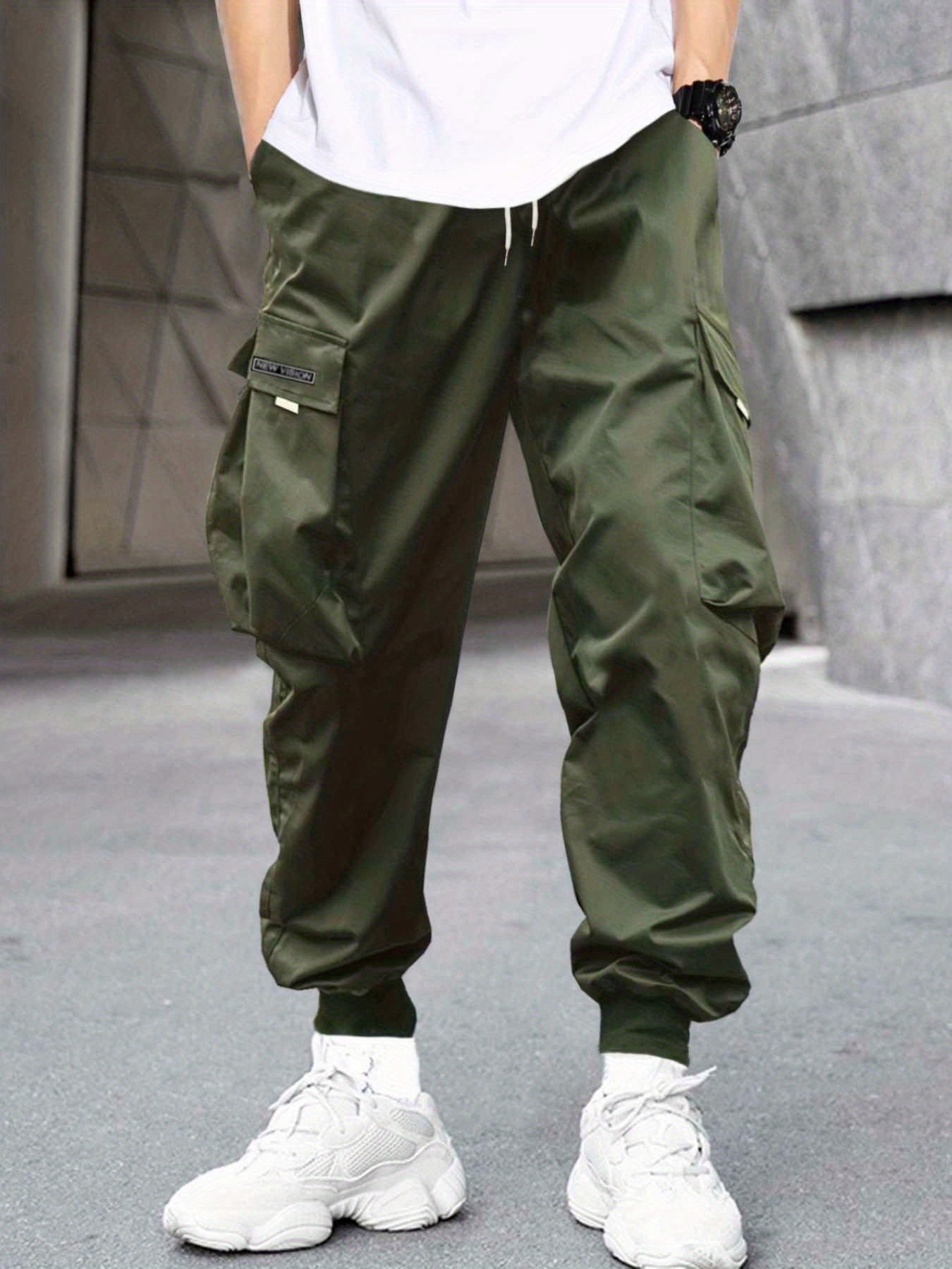 Men's Stylish Letter Graphic Cargo Pants with Flap Pockets - Drawstring Waist for Comfort