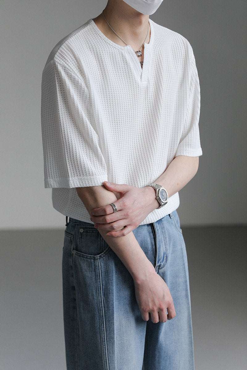 Maxct 90s Streetwear Summer New Korean Style Loose Small V-neck Short-sleeved T-shirt Men's Fashion Brand Wafflet High-end Sense Half-sleeved T-shirt Top