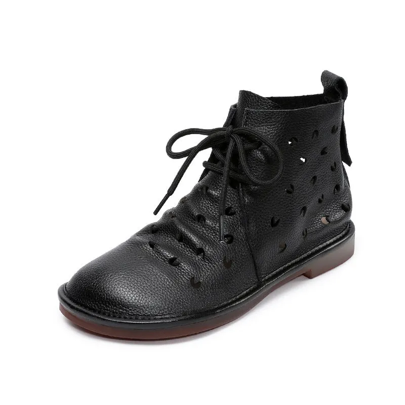 Women Summer Leather Hollow Lace Up Soft Sole Boots