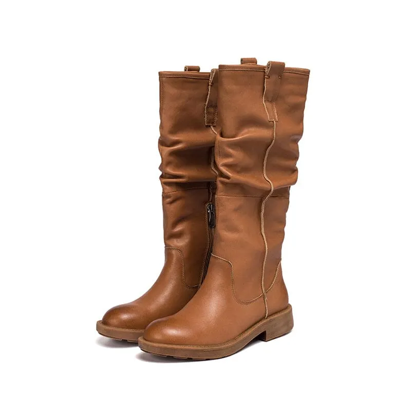Waxing Knee High Boots Fold Design Riding Boots Buckle Boots Maxct