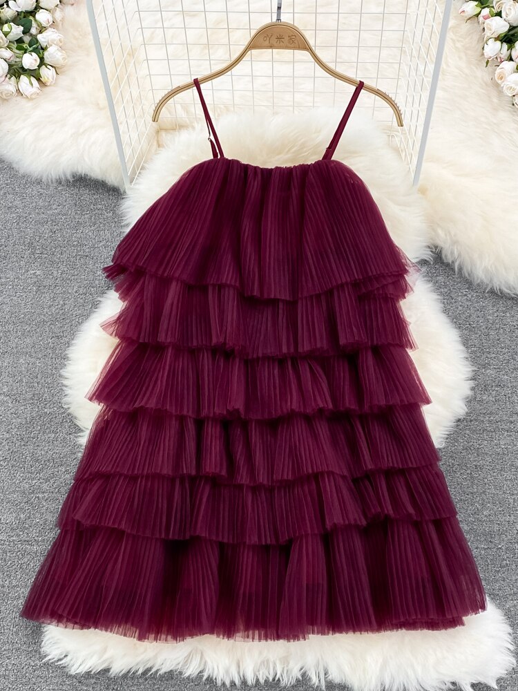 Cascading Ruffle Mesh Spaghetti Strap Mini Dress Women Purple/Green/Pink Sleeveless A-Line Vacation Beach Vestidos Female
