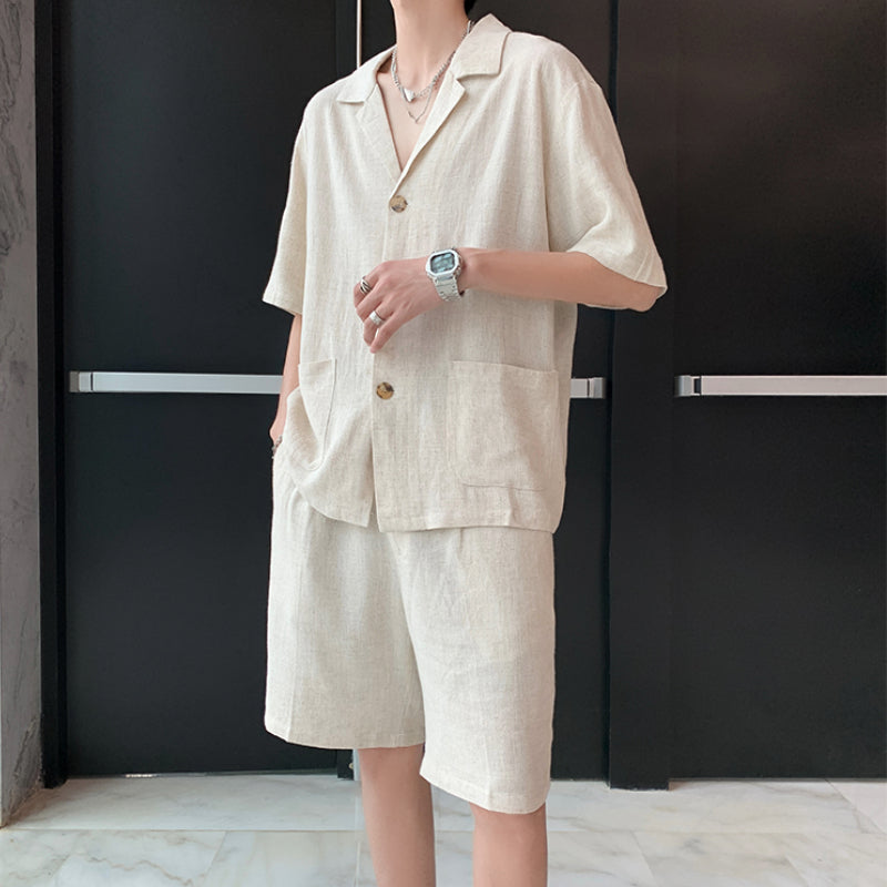 Maxct Vintage Cotton Linen Shirt Shorts Two-Piece Set