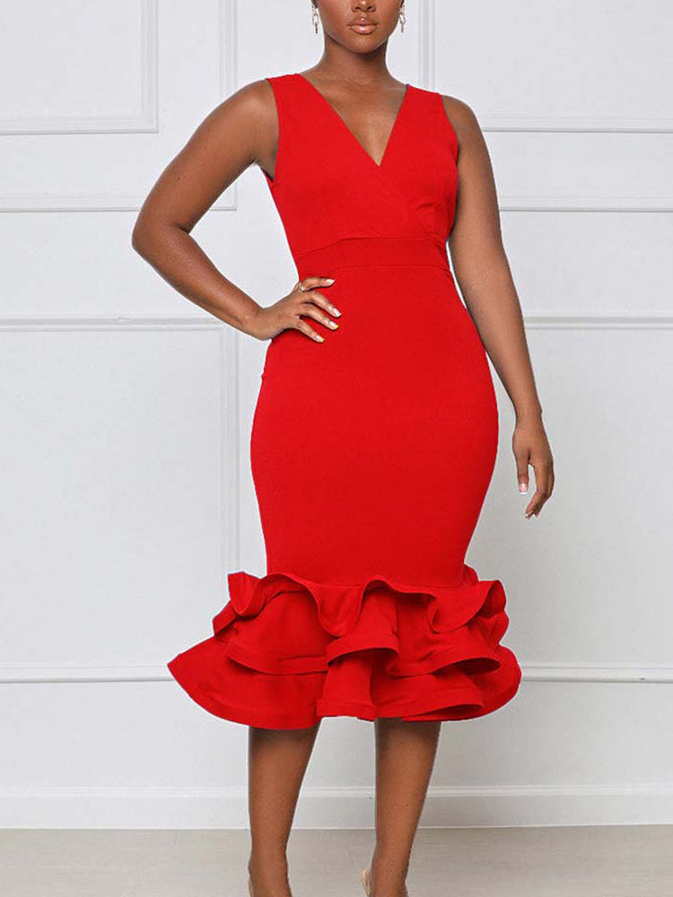 Ruffled Trim Bodycon Midi Dress Maxct