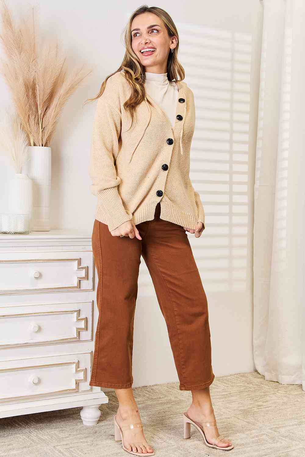 Maxct &Woven Right Button-Down Long Sleeve Hooded Sweater