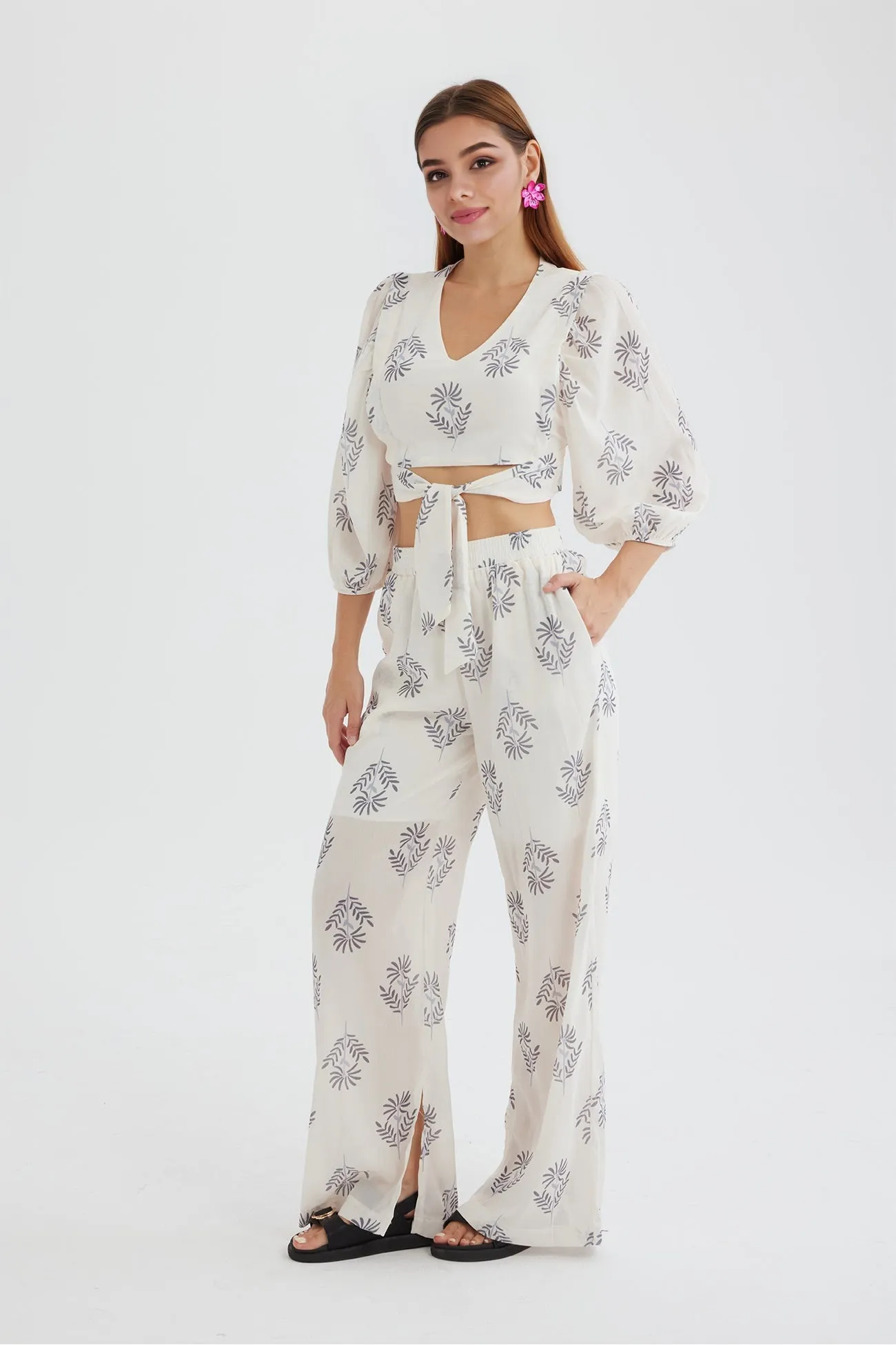 Maxct Floral Print Puff Sleeve Knotted-front Tops Long Pants Suits