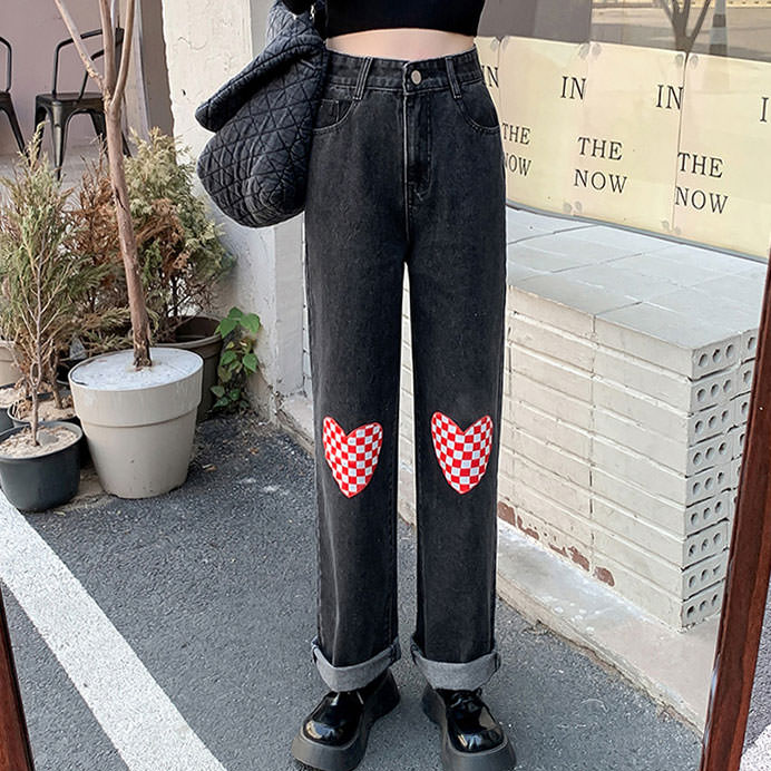 Checker Heart Wide Jeans Maxct
