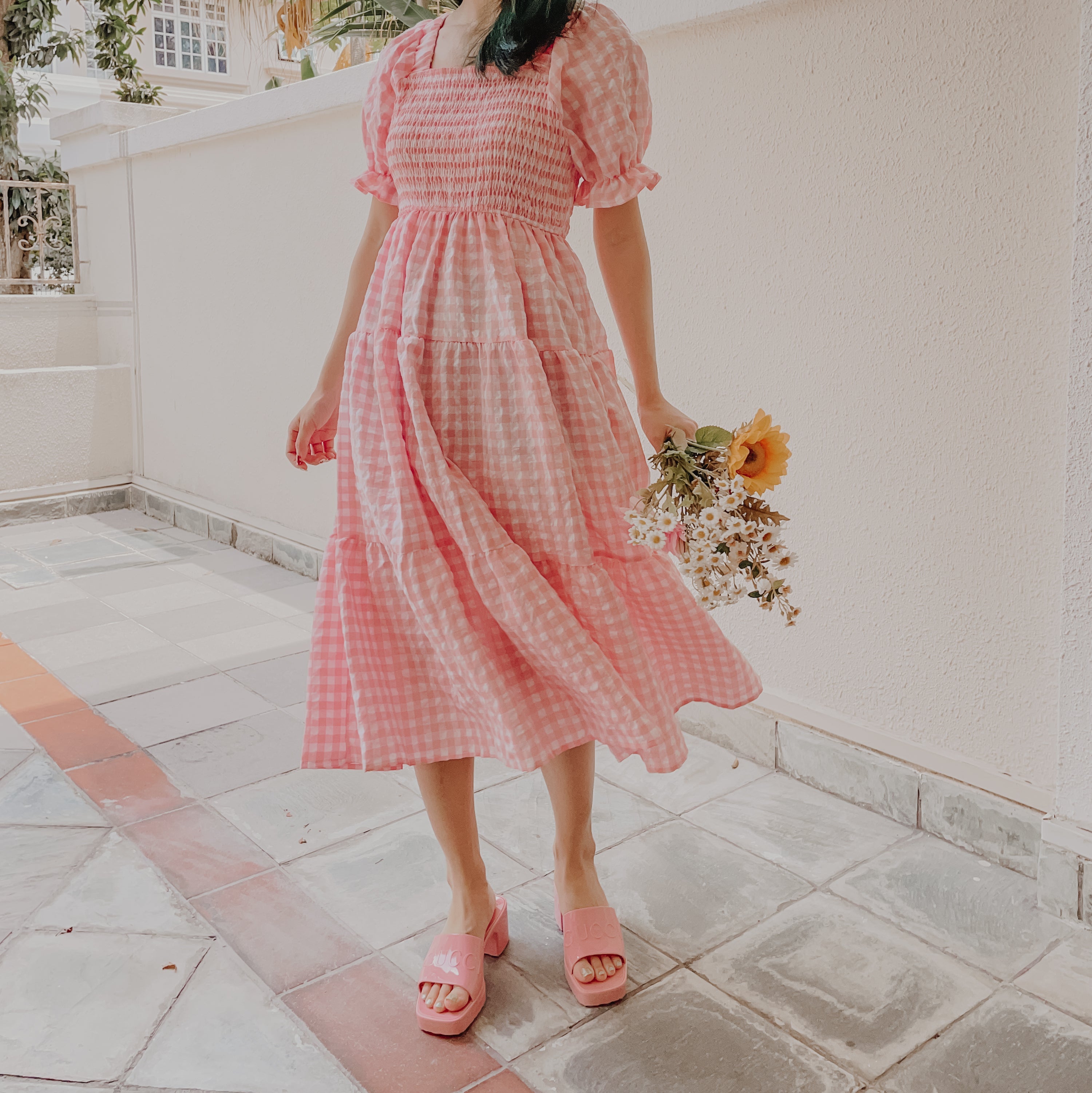 Puff Sleeve Gingham Tiered Dress Maxct