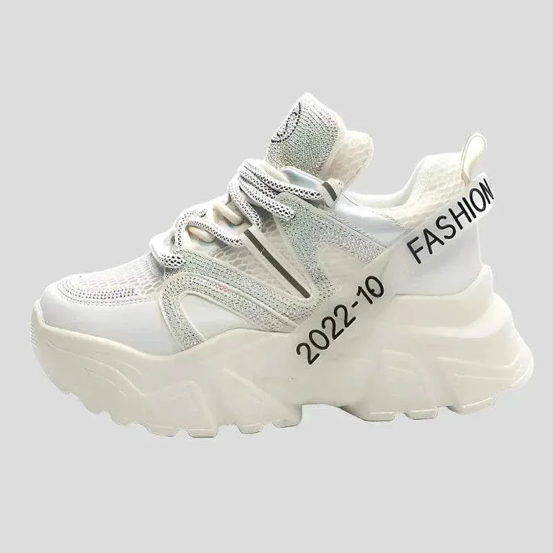 6cm Air Mesh Leather Bling Chunky Sneakers Maxct