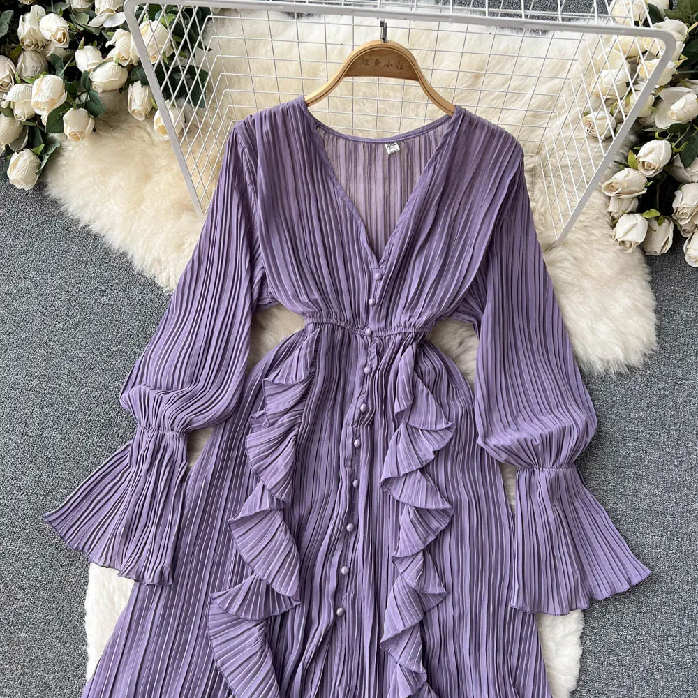 Chiffon Pleated Long Dress Women Vintage V-Neck Flare Sleeve Draped Ruffle Vestido Female Maxi Robe Spring Fall 1215-1