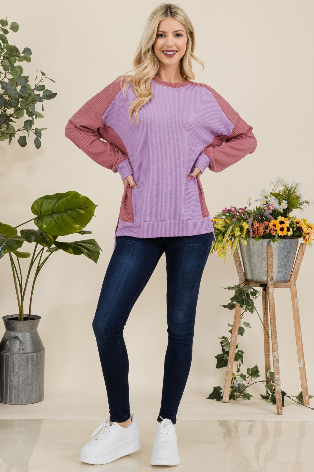 Maxct &Celeste Full Size High-Low Contrast Round Neck Sweatshirt