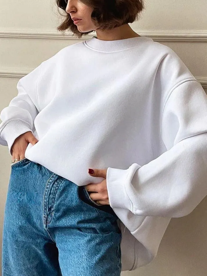 Maxct-Solid Crew Neck Oversized Sweatshirt