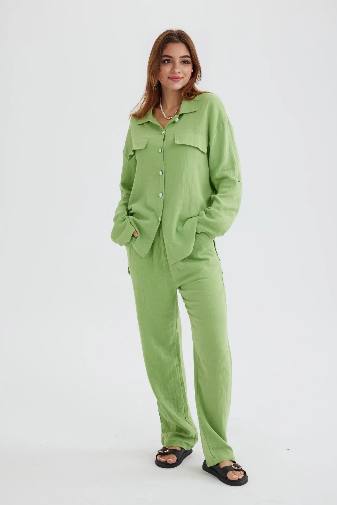 Maxct Long Sleeve Pocketed Slit Shirt Long Pants Suits