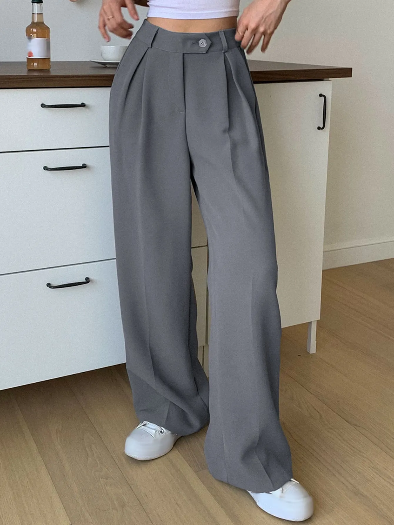 Maxct 1pc High Waist Slant Pockets Tailored Pants