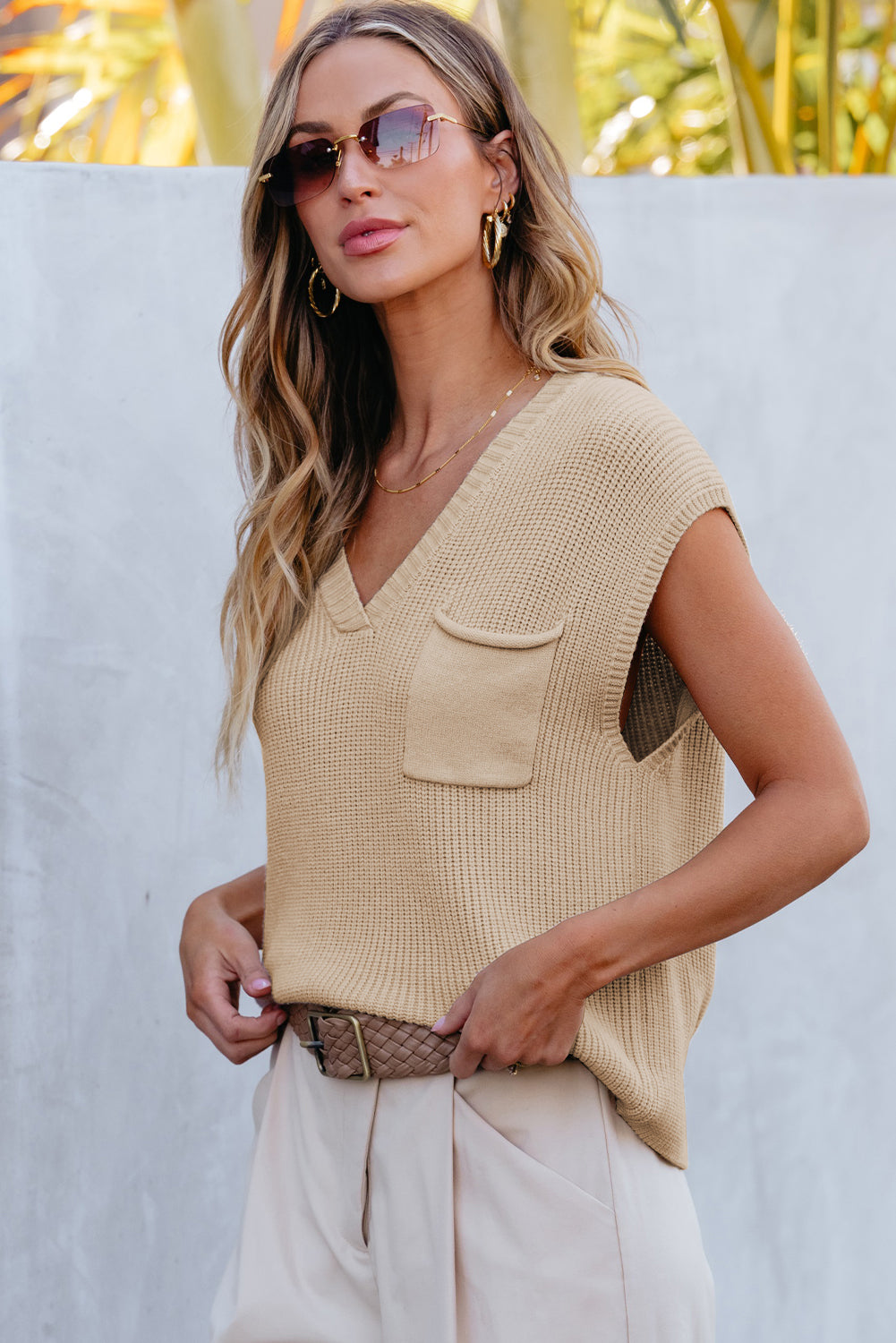 Maxct &Pocketed V-Neck Cap Sleeve Sweater