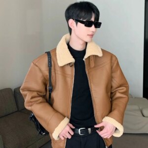 Maxct Fleece Stand Collar Faux Leather Jacket