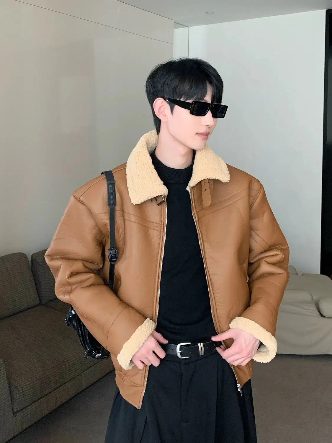 Maxct Fleece Stand Collar Faux Leather Jacket