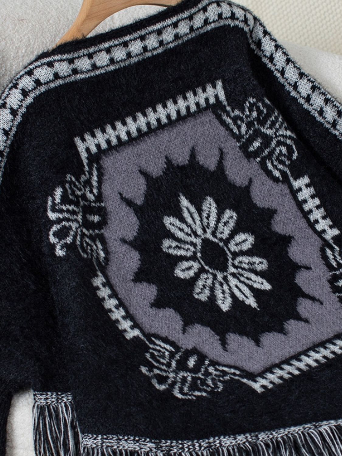 Maxct &Fringe Geometric Long Sleeve Poncho