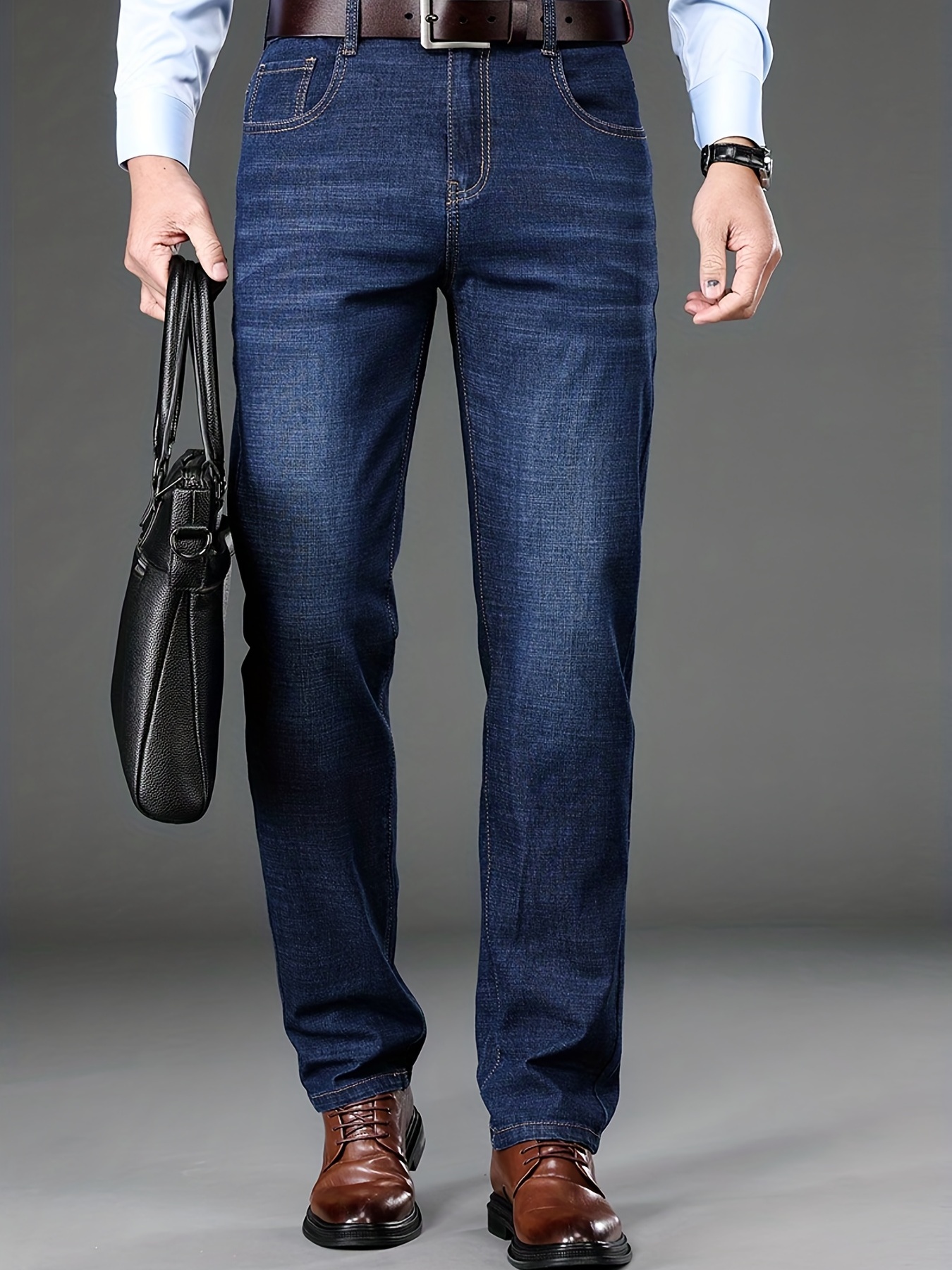 Slim Fit Straight Leg Jeans For Business, Men's Medium Stretch Comfy Casual Pants For Spring Fall