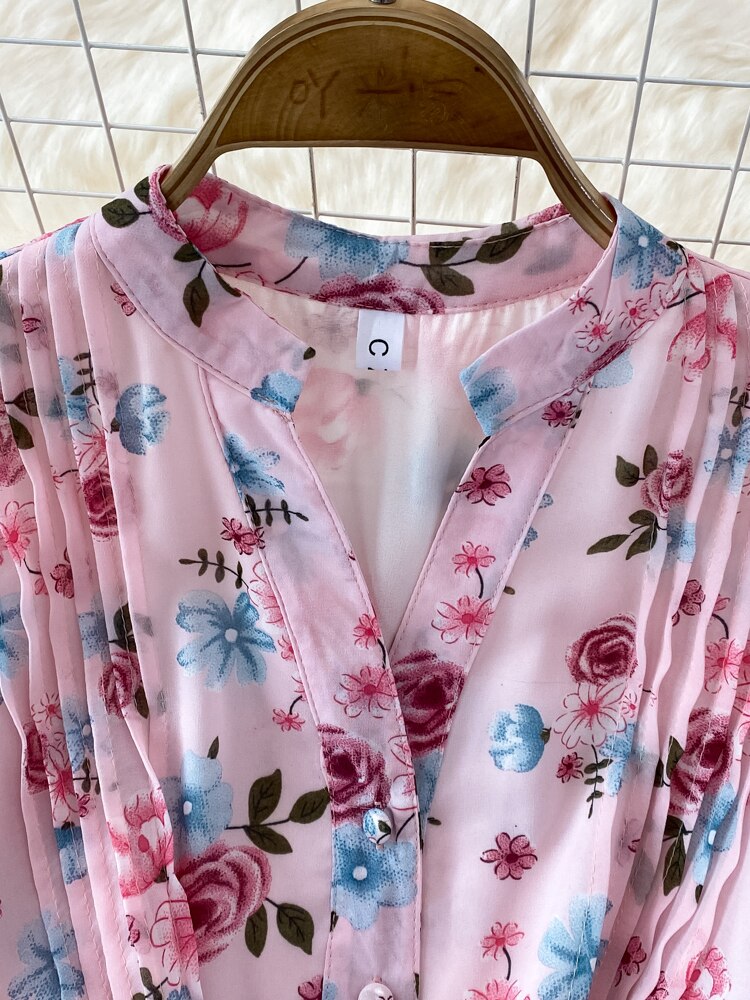 Maxct Floral Midi Dress Women Elegant V-Neck Lantern Long Sleeve High Waist Draped A-Line Casual Vestidos Female Spring Autumn