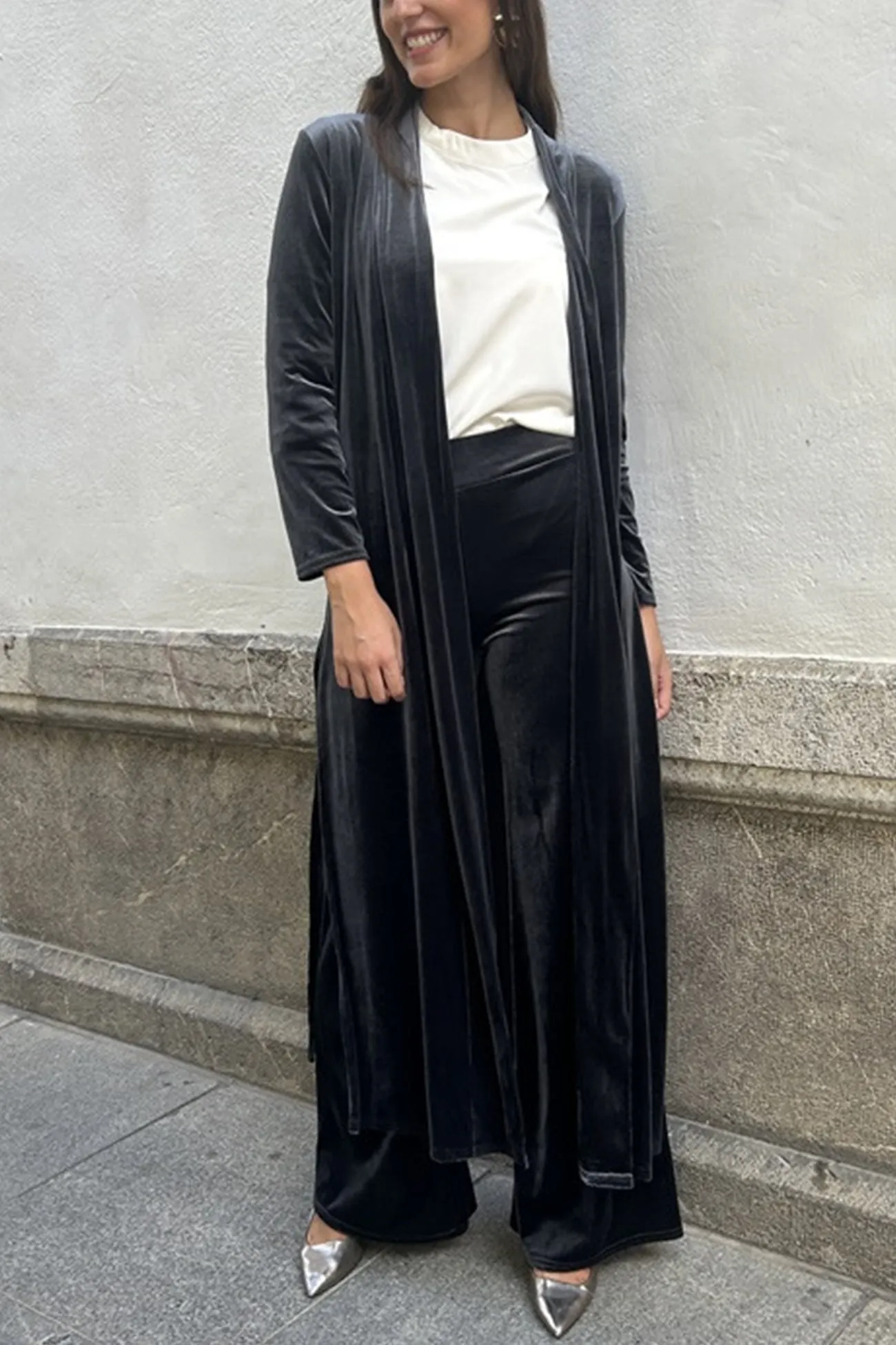 Maxct Velvet Slit Long Cardigan Two-piece Pants Suits