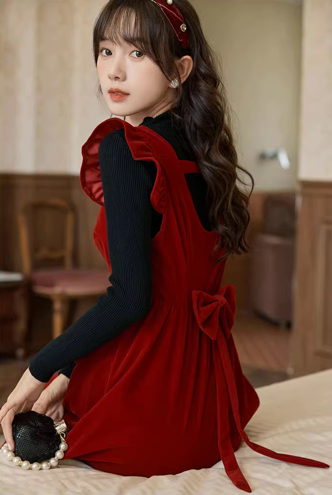 Velvet Frilly Bow Pinafore Dress Maxct