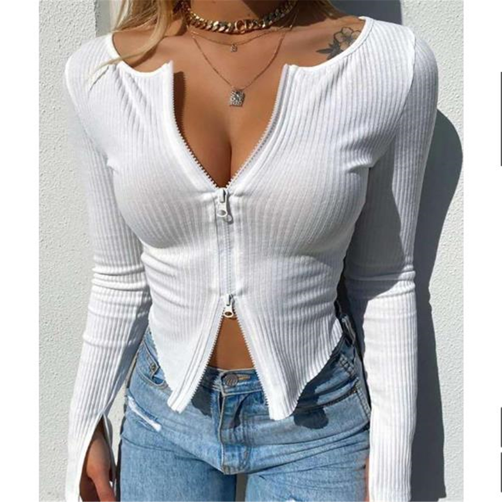 Chic Women Double Zipper Up Rib Knitted T-shirt Spring Autumn Long Sleeve Slim Fit Basic Tees 90s Vintage Elegant Crop Tops