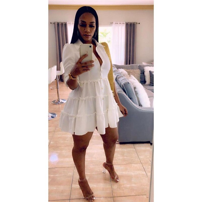 Solid Ruffles Shirt Dress Women Streetwear Half Sleeve Buttons Up High Waist Mini Dress Summer Casual Party Dresses