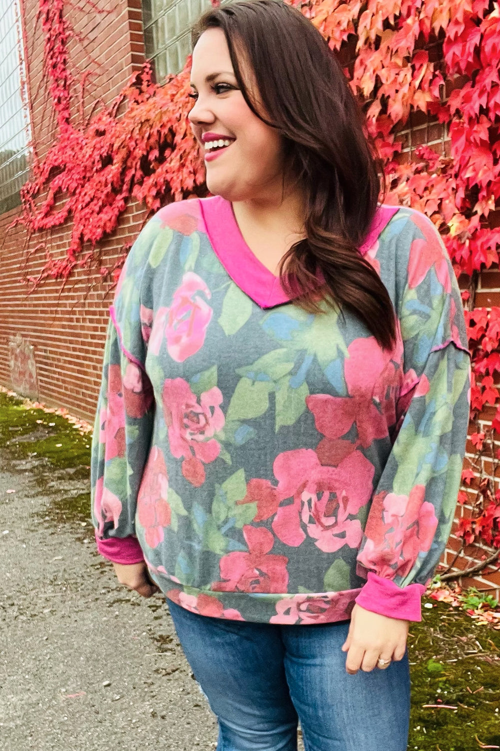 Maxct &Beautiful You Vintage Teal Floral Print V Neck Hacci Knit Sweater