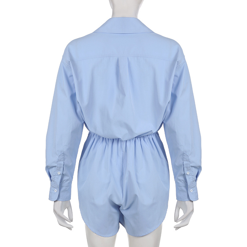 Autumn New Long Sleeves Shirt Playsuits For Women Loose Casual Patchwork High Waisted Pants Solid Rompers Female Outfits