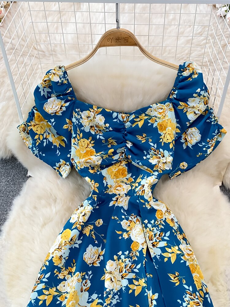 Vintage Women Printed Dresss Sexy Square Collar Short Puff Sleeve High Waist A-Line Vacation Beach Vestidos Female New