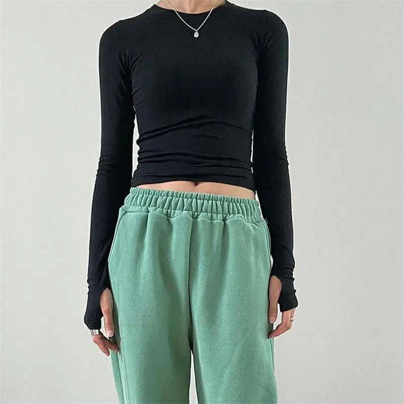 Maxct Chic Fashion Elegant Slim Fit Crop Tops Women Clothes Casual Solid Color Basic Tees Autumn Spring O Neck Long Sleeve T-shirt